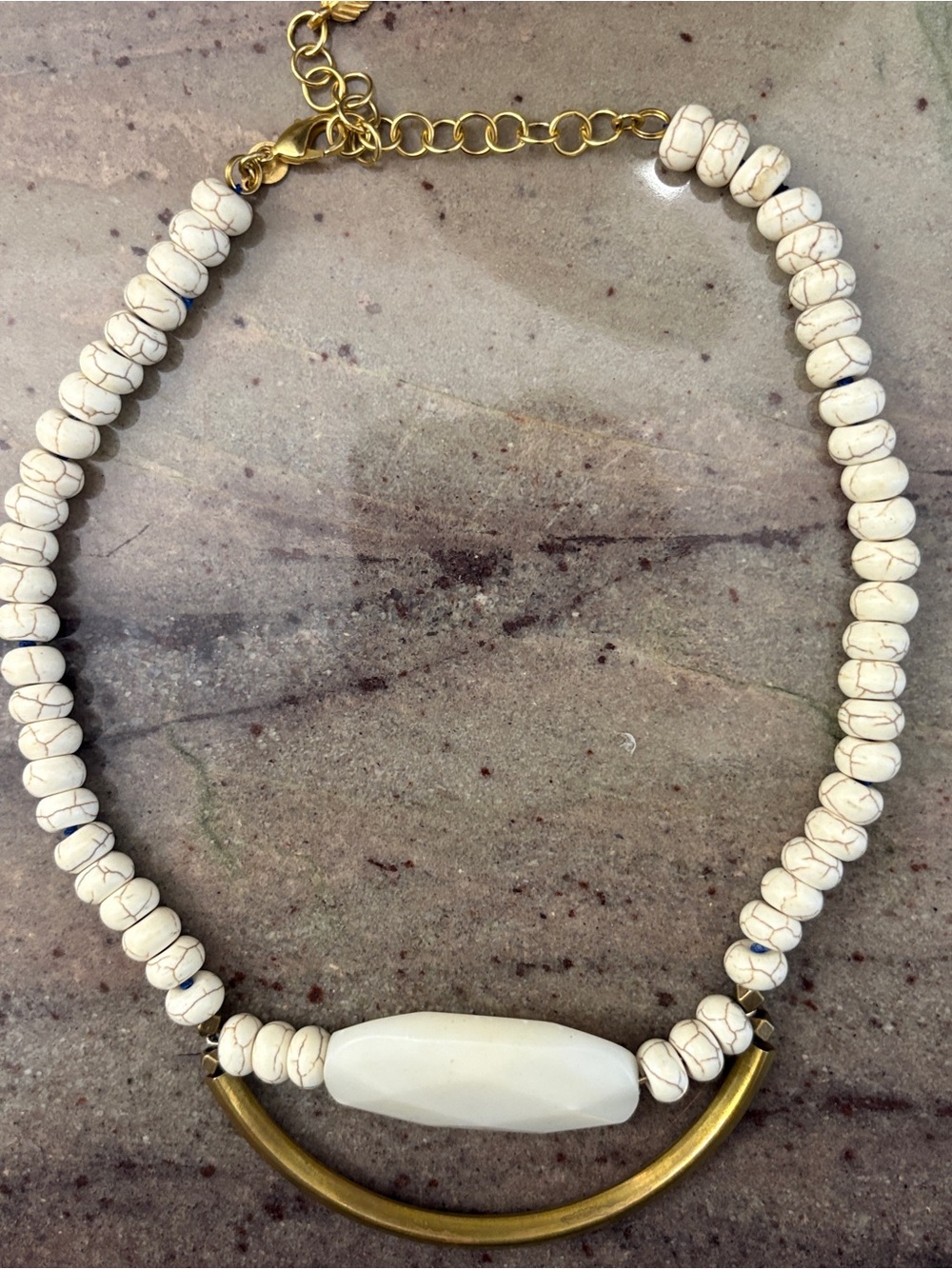 David Aubrey Statement Art Ivory Stone & Brass Necklace Adjustable 14”-16”